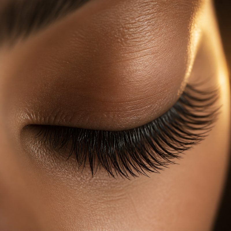Close-up of hybrid eyelash extensions on a closed eye, anonymous subject.