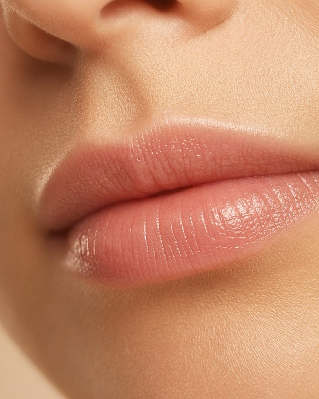 Anonymous close-up of soft-gloss lips in warm light. Editorial aesthetics mood, not a client’s treatment.