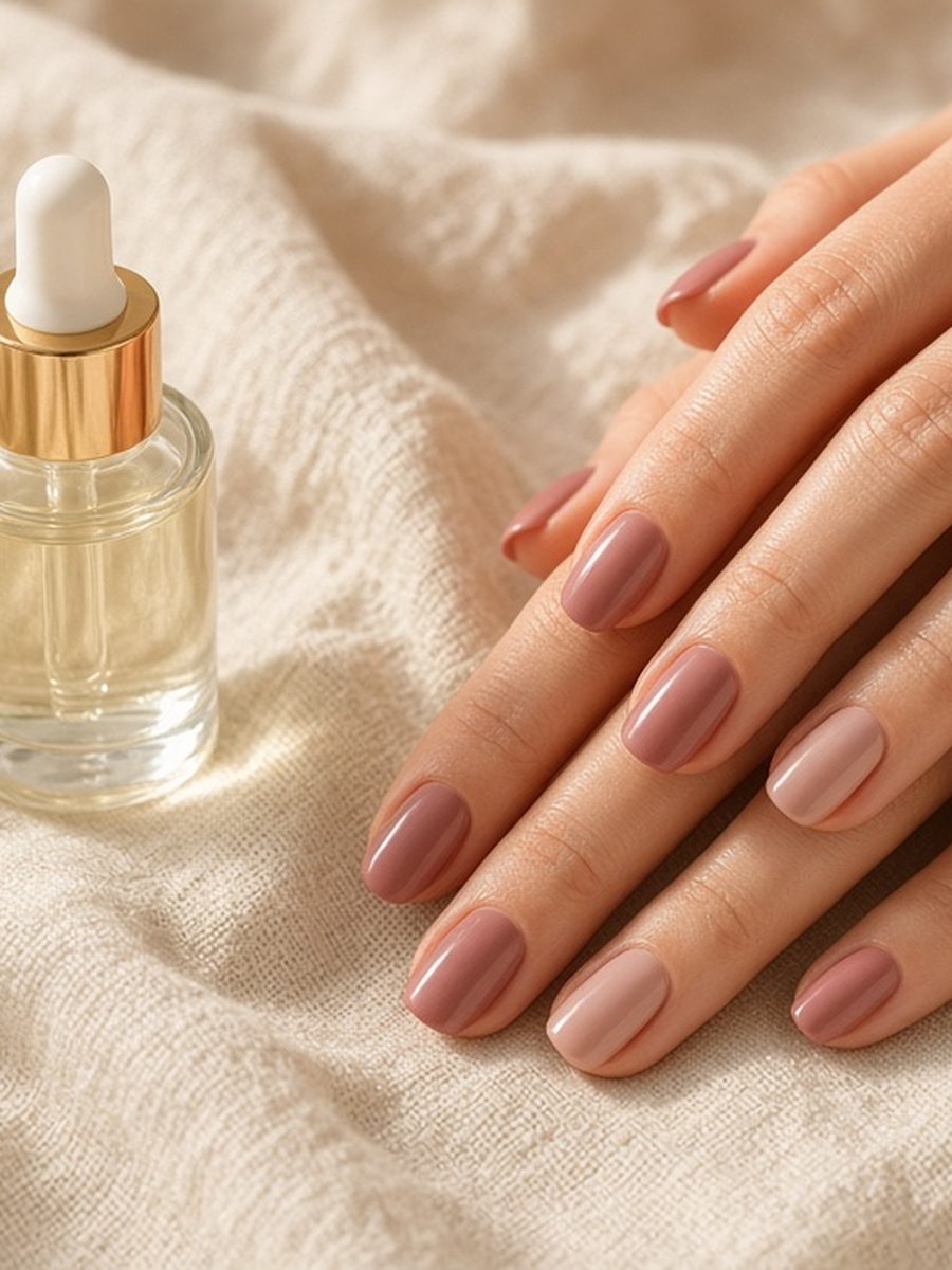 Anonymous hands with a dusty-rose and nude manicure beside a gold dropper bottle on linen. Editorial photograph, not a client’s work.