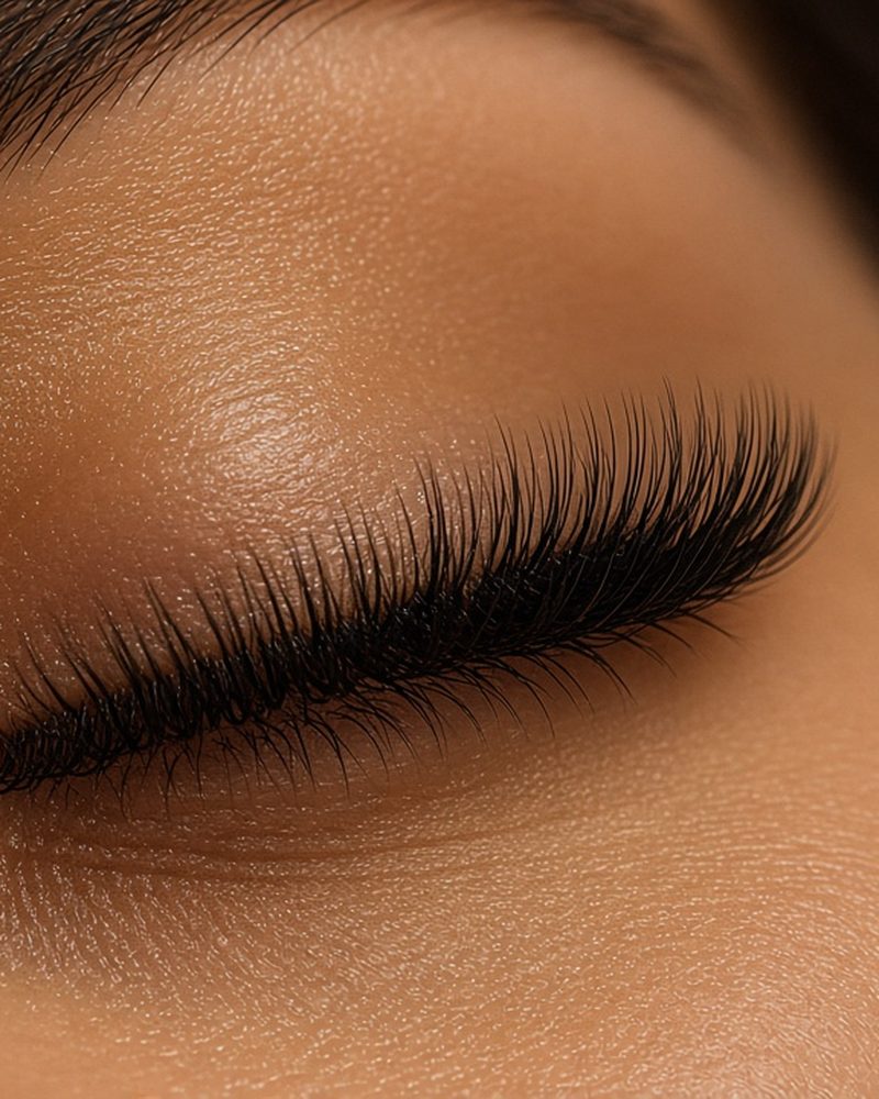 Macro of a closed eye with full classic lashes, anonymous subject. Editorial photograph, not a client’s work.