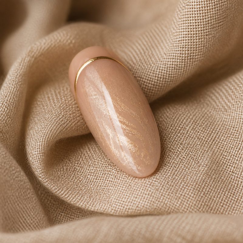 Single almond nail with a thin gold line near the cuticle. Editorial detail, not a client’s work.